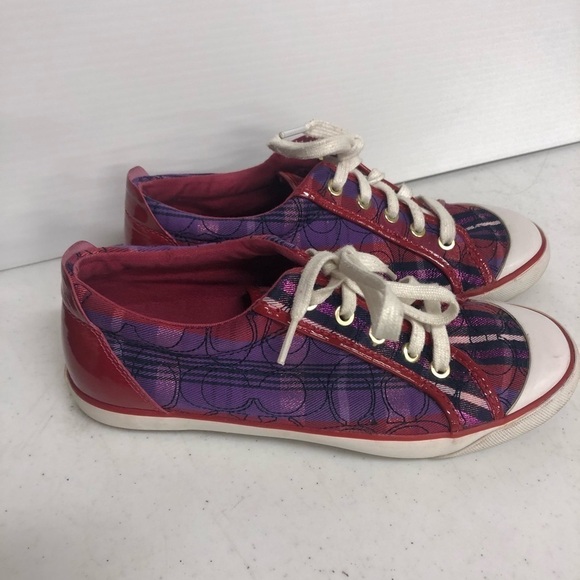 Coach Shoes - Coach Barrett Plaid Red Pink Purple Logo Sneakers Tennis Lace Up Shoes  8.5